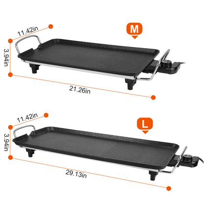 Two black electric indoor/outdoor grills, medium and large, with non-stick hot plates and chrome handles.