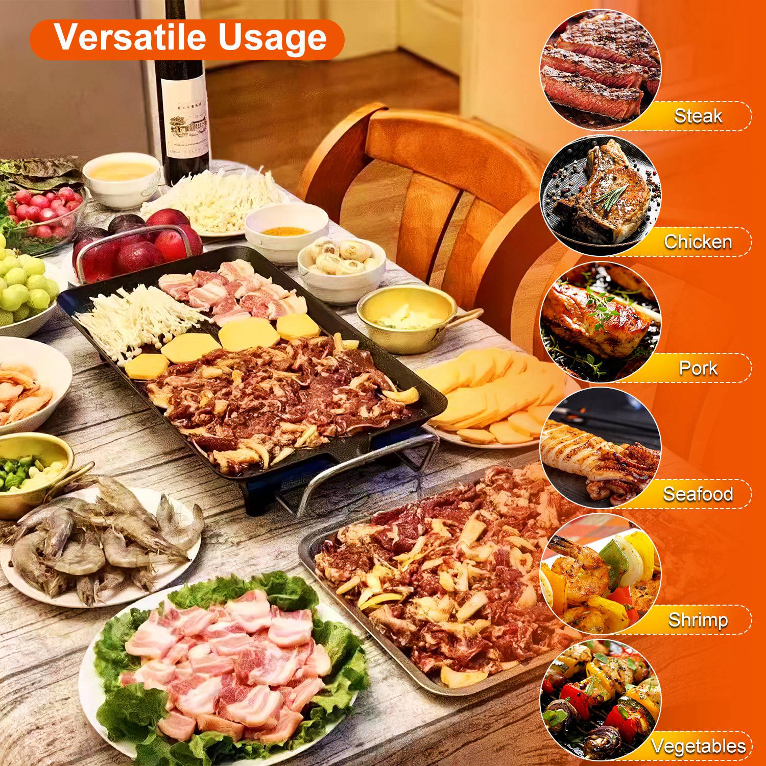 Black electric indoor/outdoor grill with various meats and vegetables cooking on a tabletop.