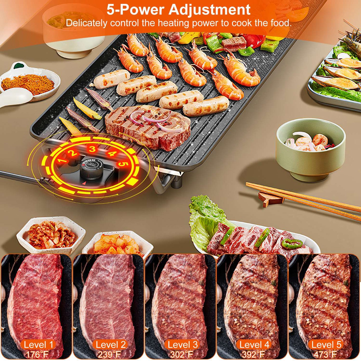Black electric indoor/outdoor grill with non-stick hot plate, cooking shrimp, steak, and sausages, showing 5 power levels.