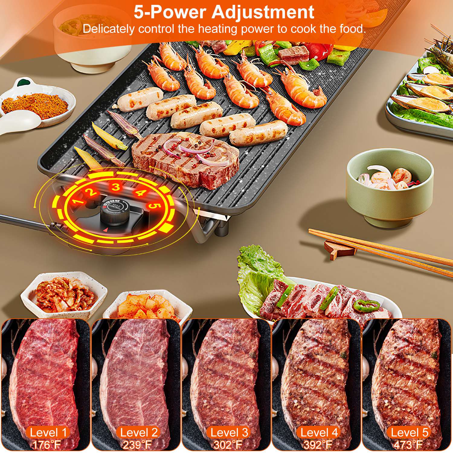 Black electric indoor/outdoor grill with non-stick hot plate, cooking shrimp, steak, and sausages, showing 5 power levels.