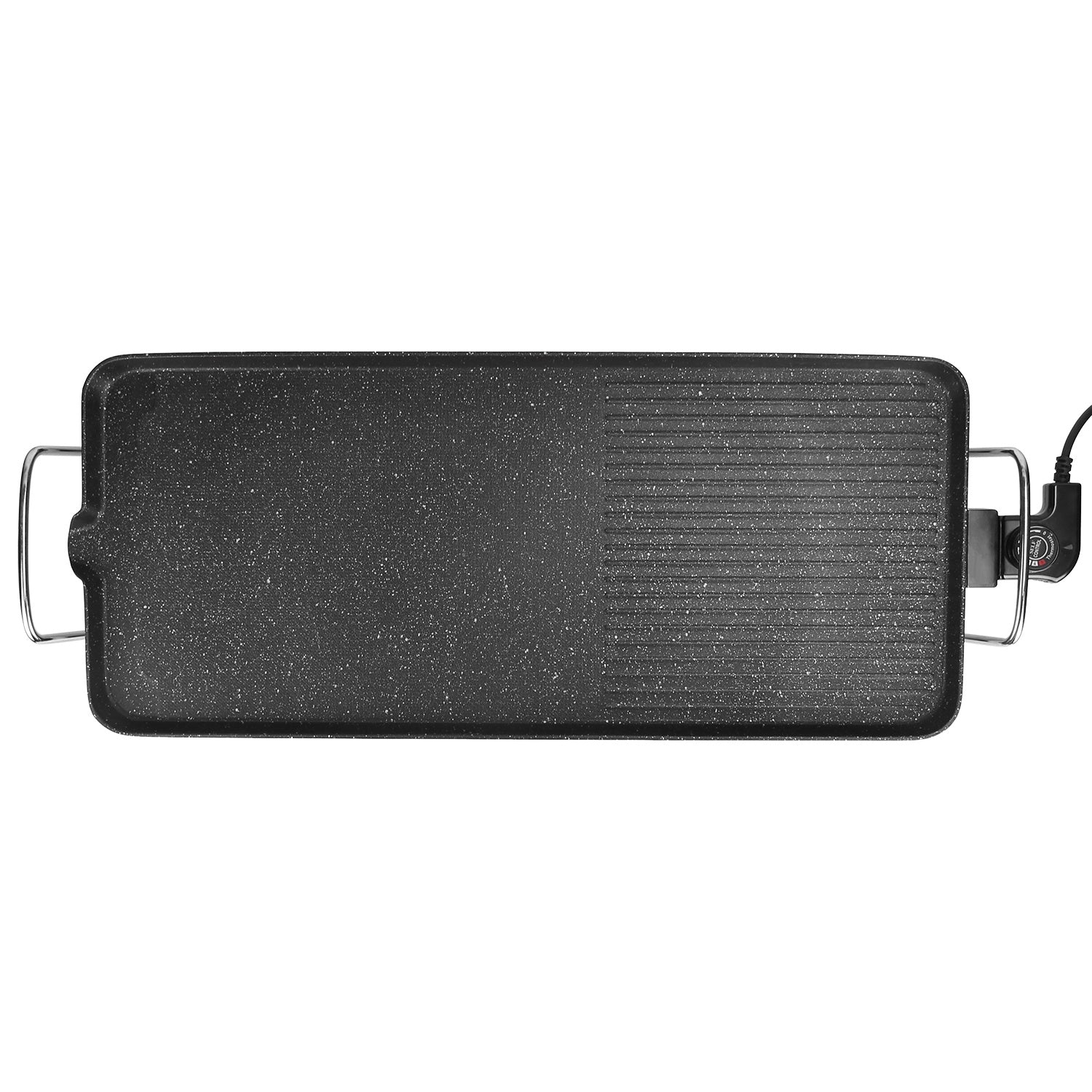 Large black speckled non-stick electric indoor/outdoor grill with ribbed and flat cooking zones, chrome handles.