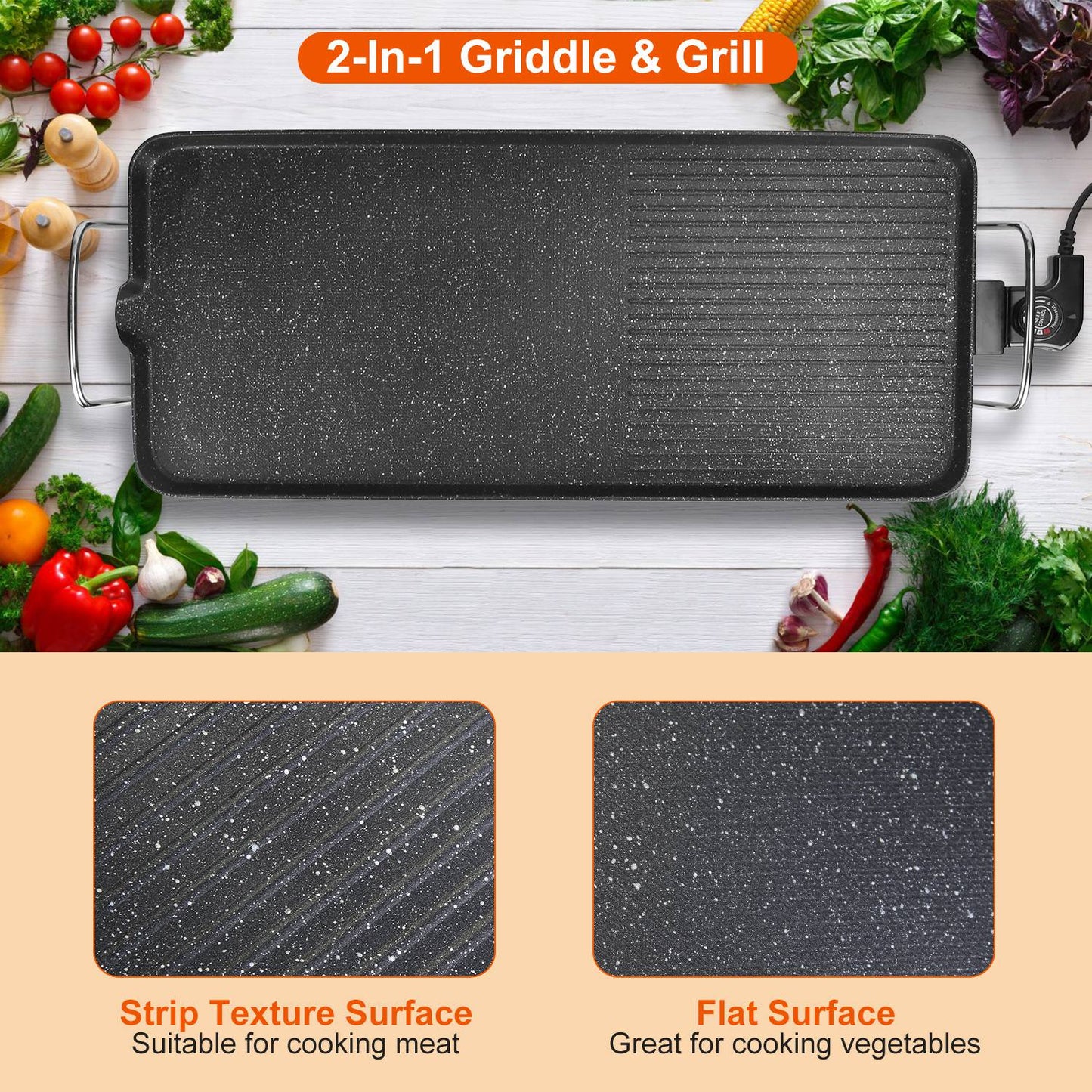 Black non-stick electric indoor/outdoor grill with a flat and ridged cooking surface, chrome handles.