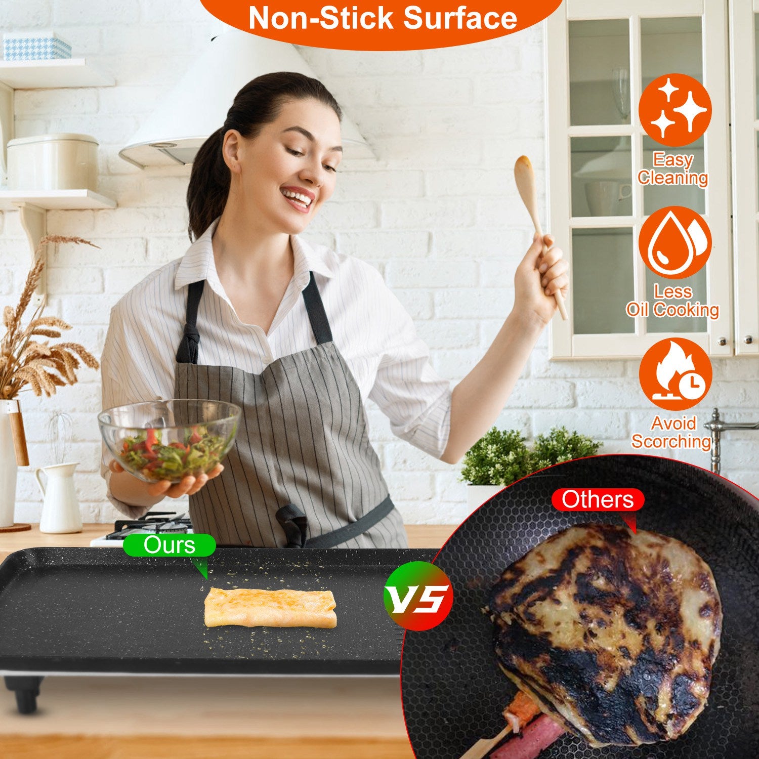 Woman smiling while cooking on a black non-stick electric griddle, comparing it to a scorched pan.