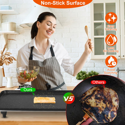 Woman smiling while cooking on a black non-stick electric griddle, comparing it to a scorched pan.