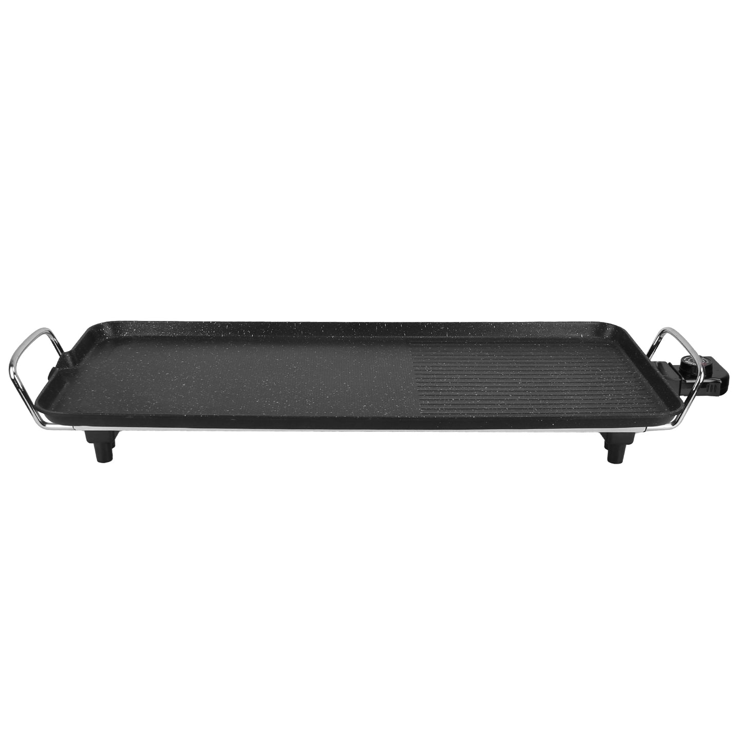 Black electric indoor/outdoor grill with a large non-stick hot plate, ribbed and flat cooking zones, and chrome handles.