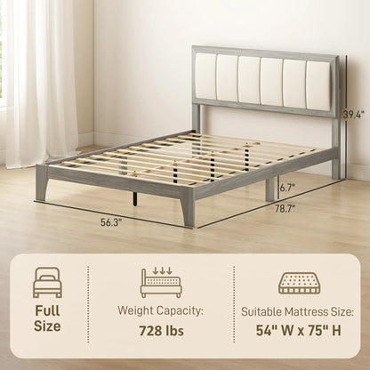 Full-size modern gray wood bed frame with cream upholstered headboard and wood slats.