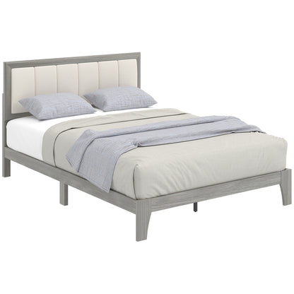 Modern full-size bed frame with a gray wood finish and a cream upholstered headboard.