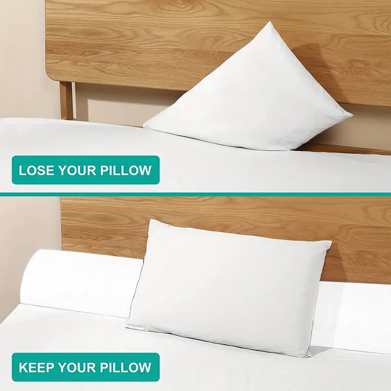 White ergonomic bed gap pillow preventing a pillow from falling behind a wooden headboard.