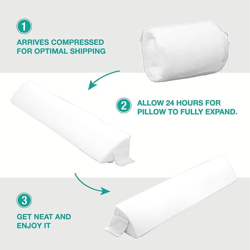 White ergonomic mattress gap pillow expanding from compressed to full size.