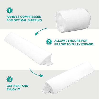 White ergonomic mattress gap pillow expanding from compressed to full size.
