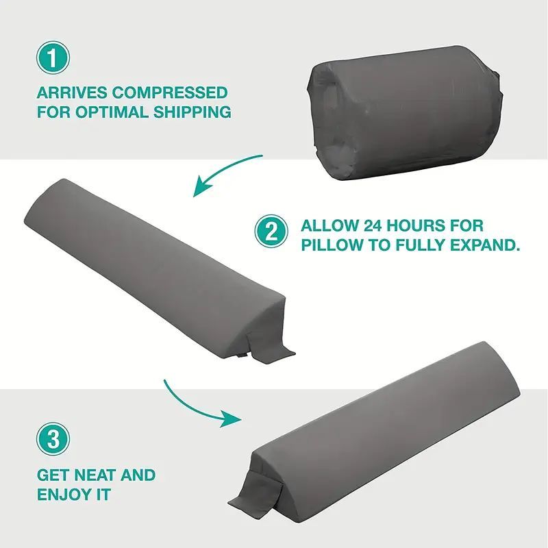 Gray ergonomic mattress gap filler expanding from compressed to full size.
