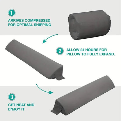 Gray ergonomic mattress gap filler expanding from compressed to full size.
