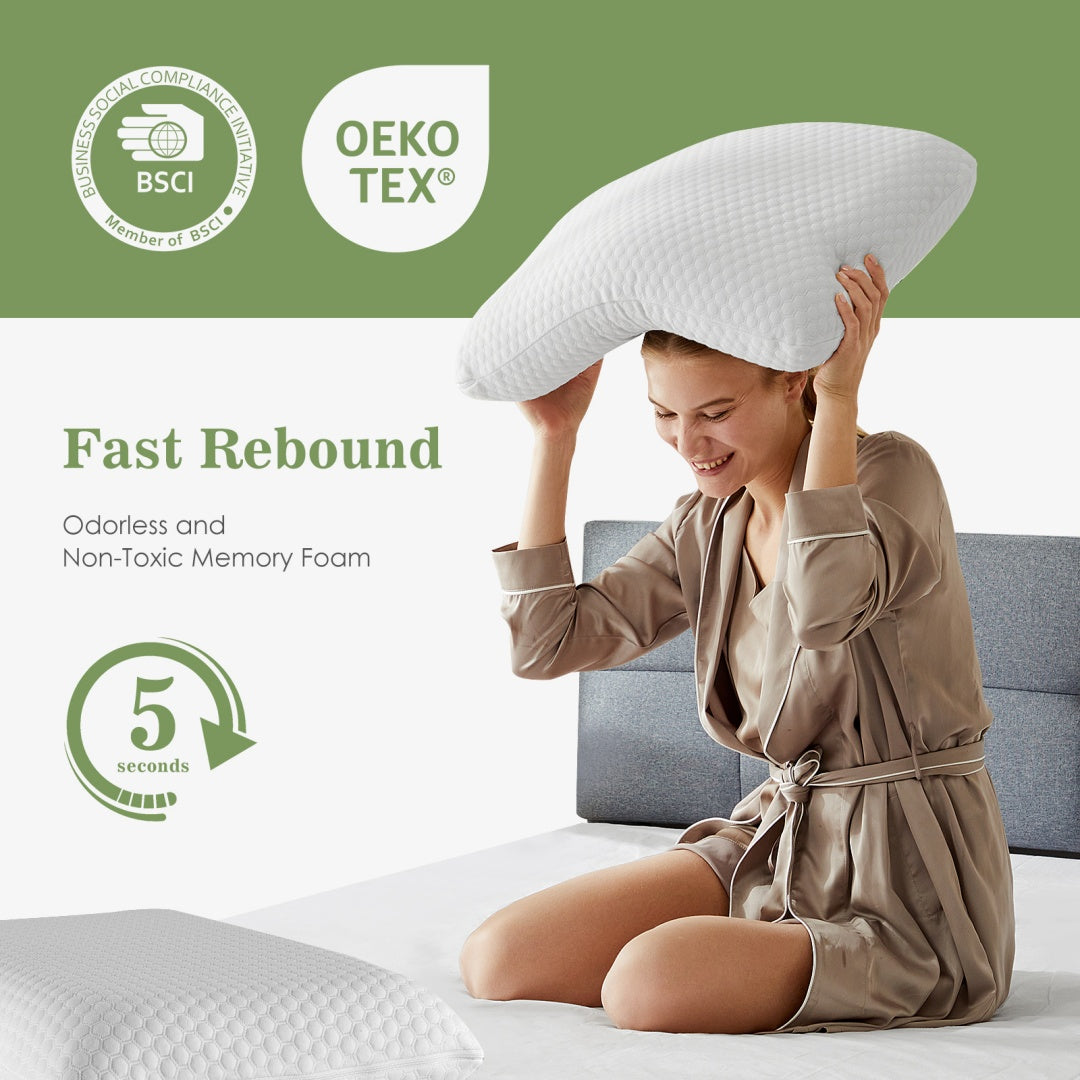 Smiling woman holding a white contoured memory foam pillow with a textured cover.