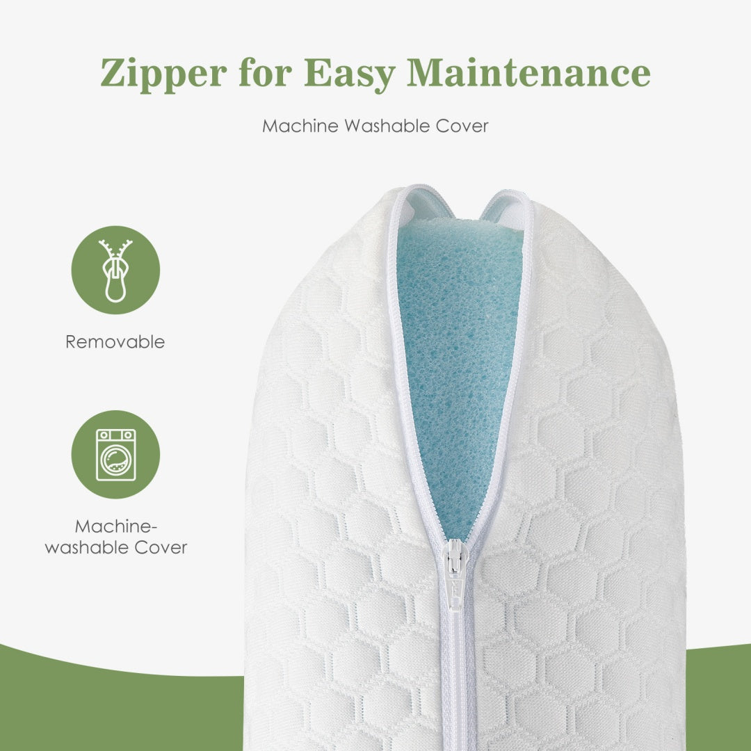 White hexagonal-patterned pillow cover unzipped, revealing light blue memory foam. Zipper for easy maintenance.