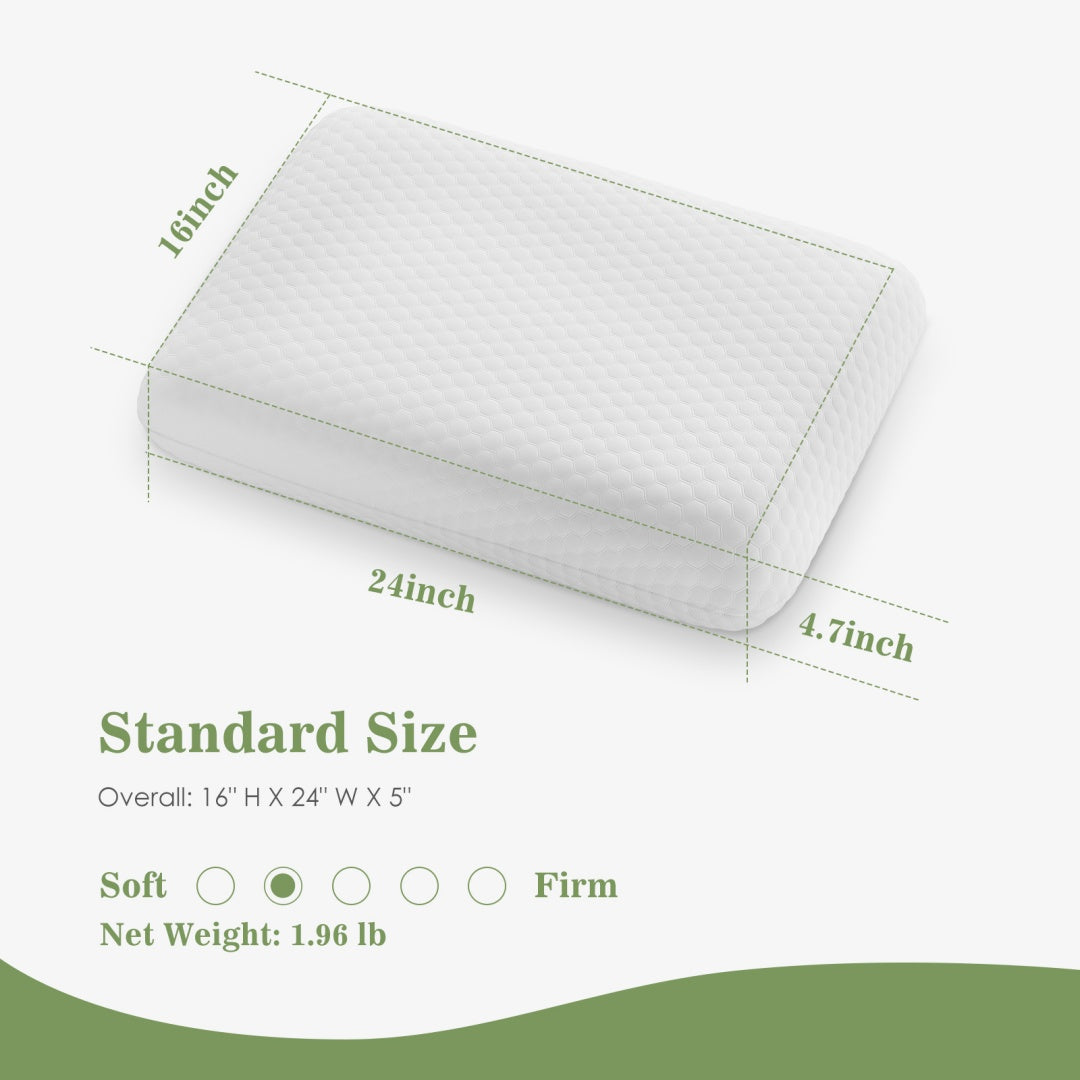 White orthopedic memory foam pillow with textured cover, showing 16"x24"x4.7" dimensions and "Standard Size".