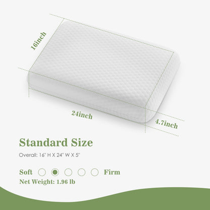 White orthopedic memory foam pillow with textured cover, showing 16"x24"x4.7" dimensions and "Standard Size".