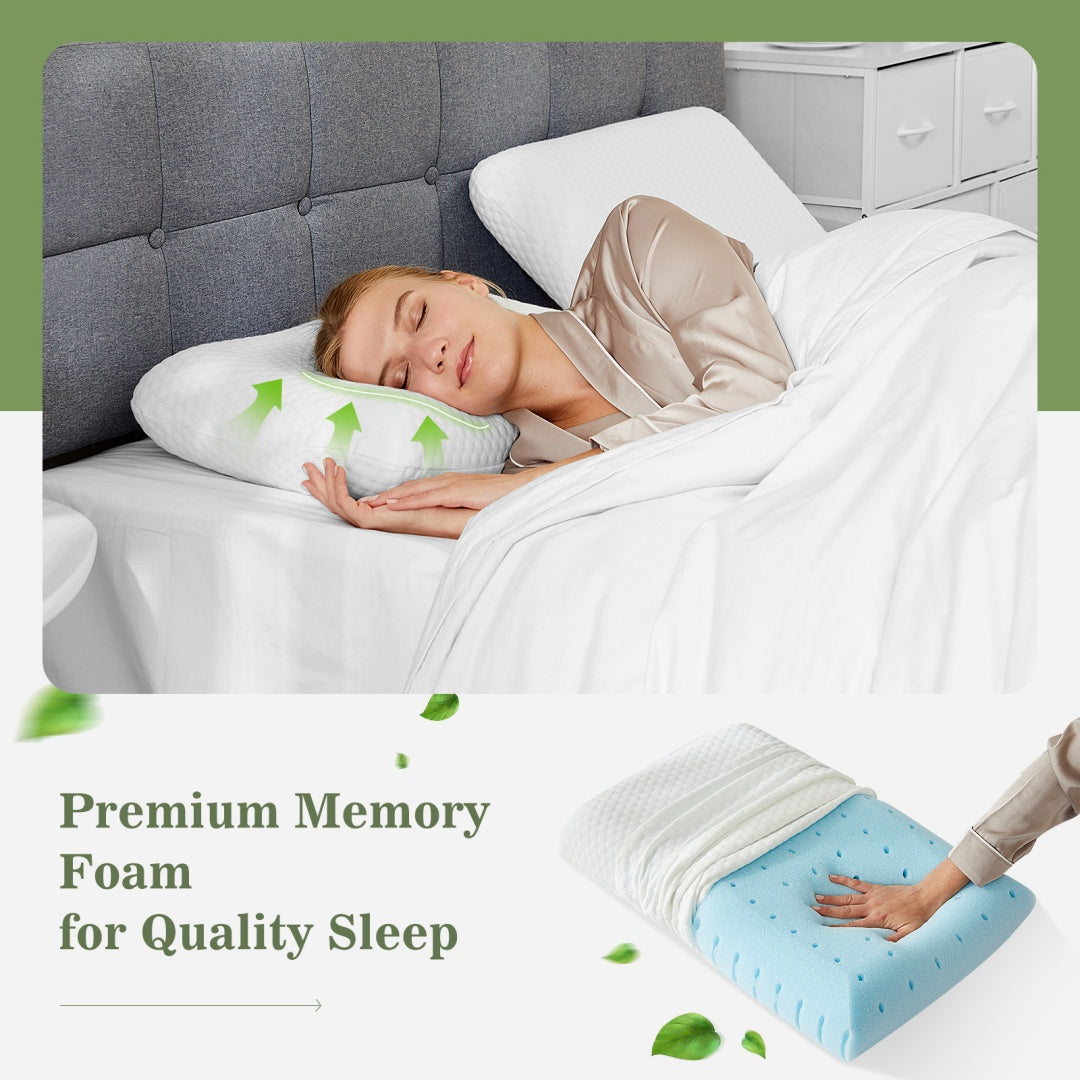 Woman sleeping peacefully on a white ergonomic memory foam pillow with green arrows indicating neck support.