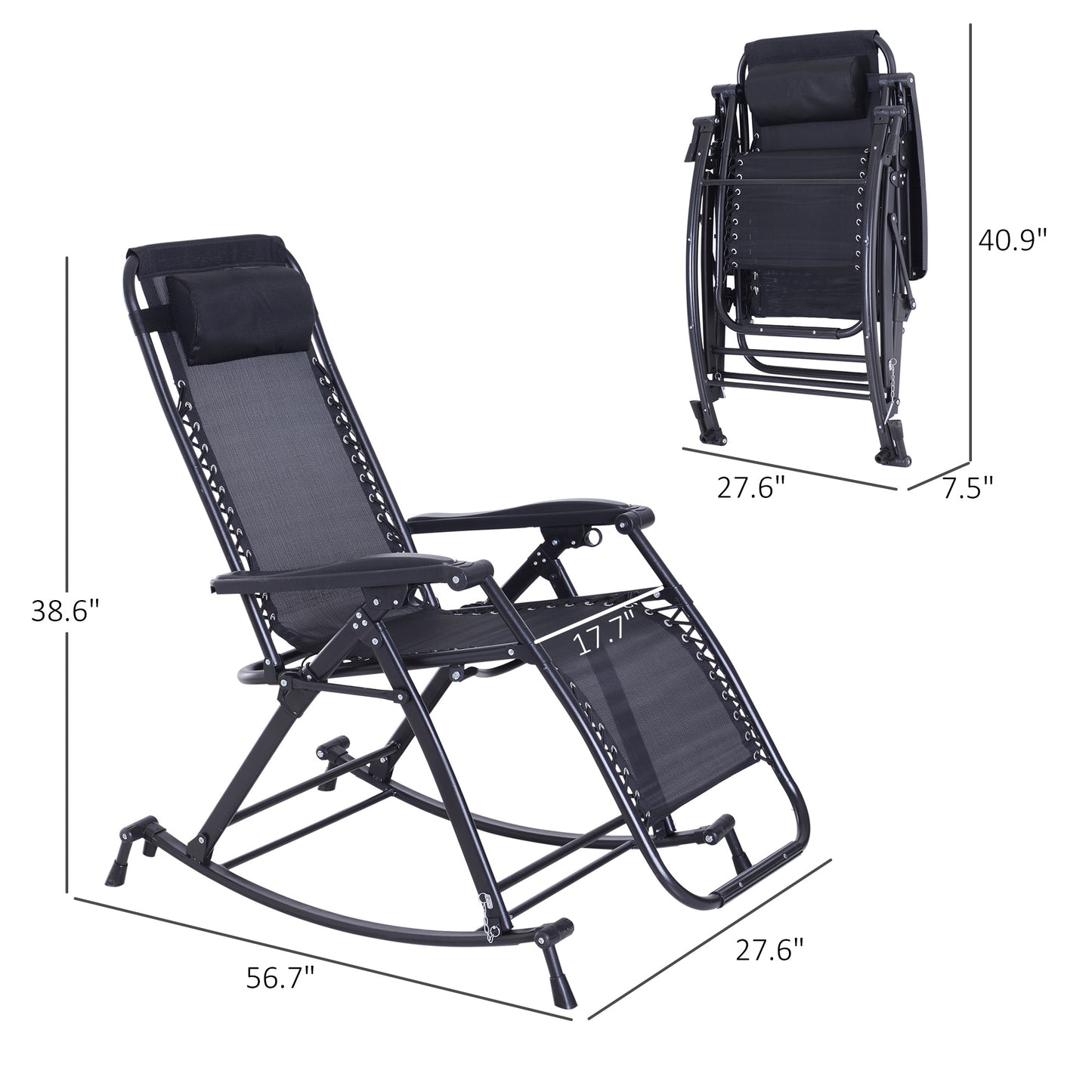 Black zero gravity rocking chair with mesh fabric, padded headrest, and folding design.