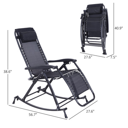 Black zero gravity rocking chair with mesh fabric, padded headrest, and folding design.