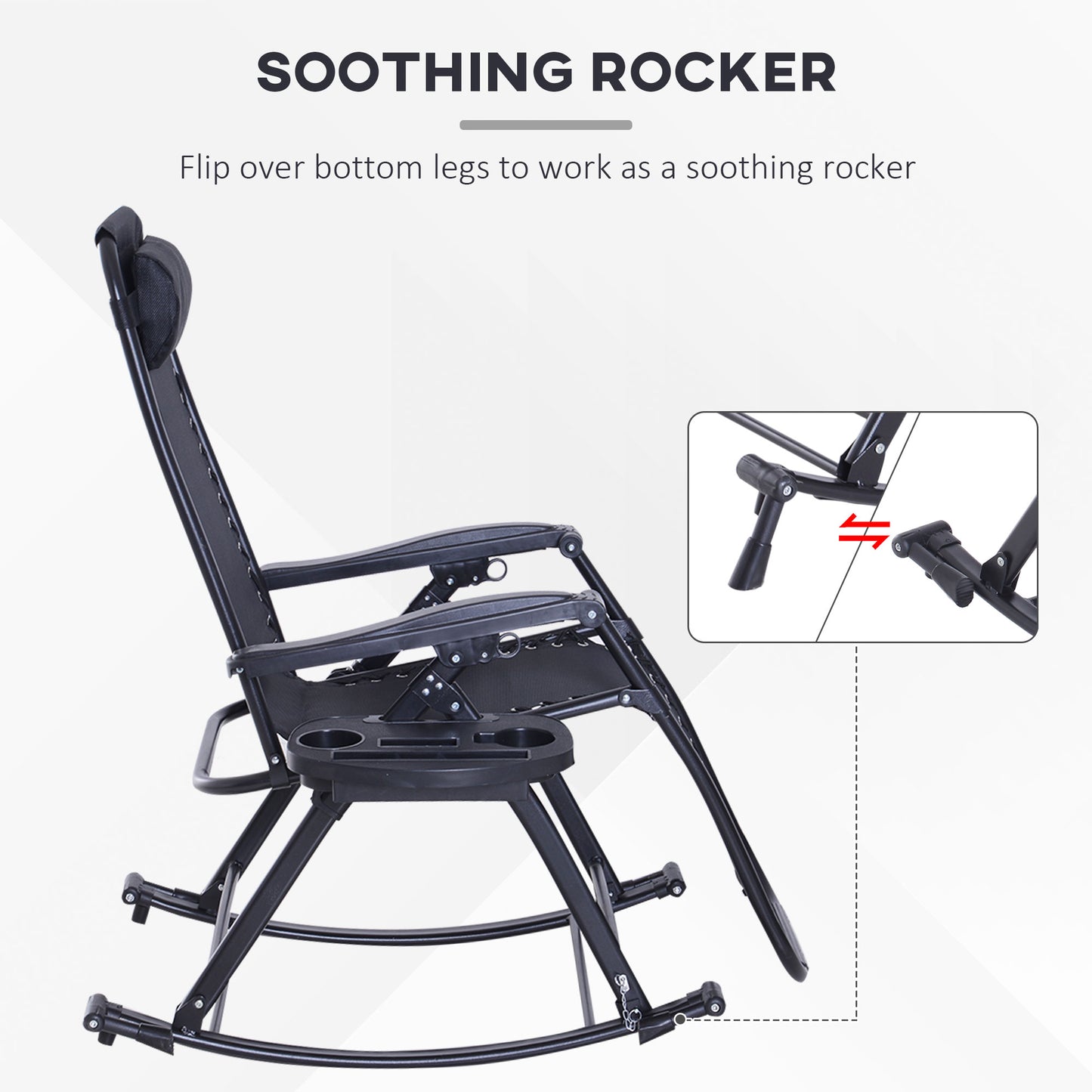 Black zero gravity rocking chair with cup holder, phone holder, and adjustable headrest.