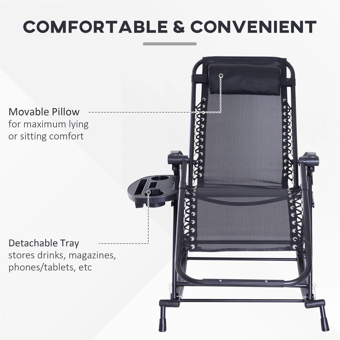 Black zero gravity rocking chair with mesh fabric, movable pillow, and detachable side tray.