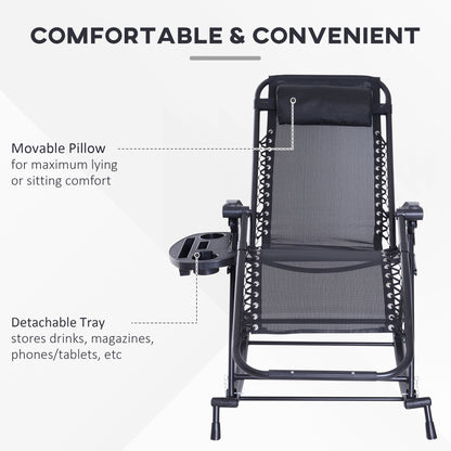Black zero gravity rocking chair with mesh fabric, movable pillow, and detachable side tray.