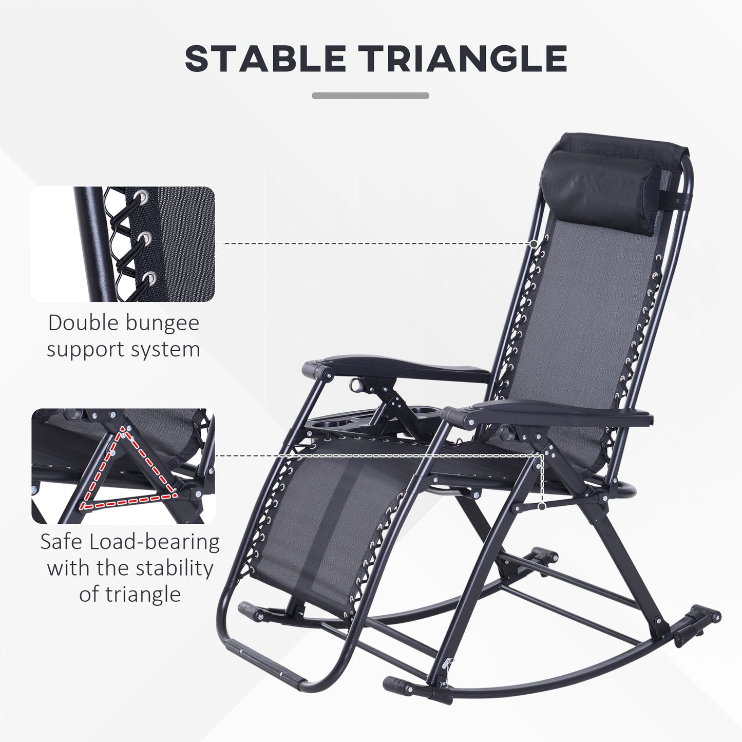 Black zero gravity rocking chair with cup holder, phone holder, padded headrest, and bungee support.