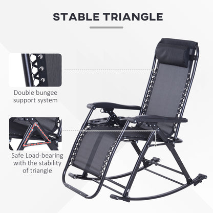 Black zero gravity rocking chair with cup holder, phone holder, padded headrest, and bungee support.