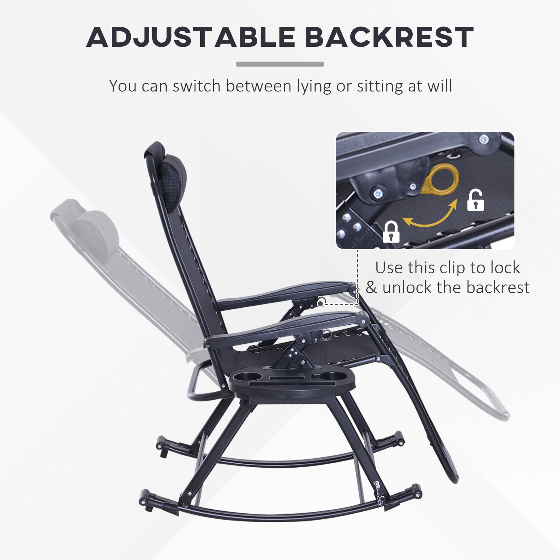 Black zero gravity rocking chair with adjustable backrest, cup holder, and phone holder.