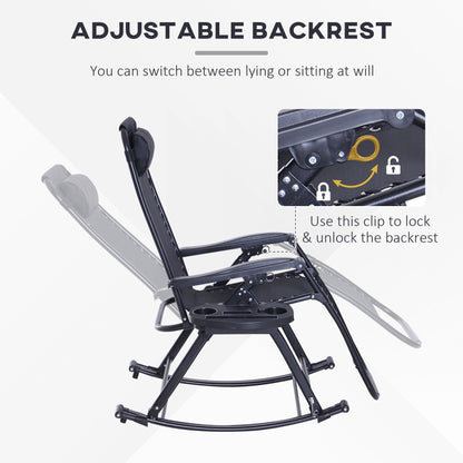 Black zero gravity rocking chair with adjustable backrest, cup holder, and phone holder.