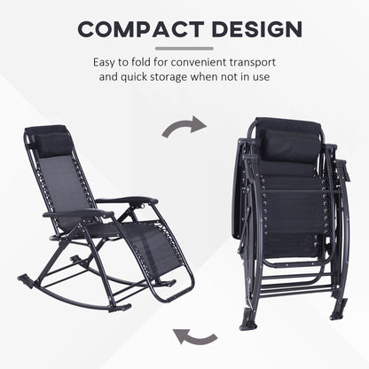 Black zero gravity rocking chair, shown open and folded for compact storage.