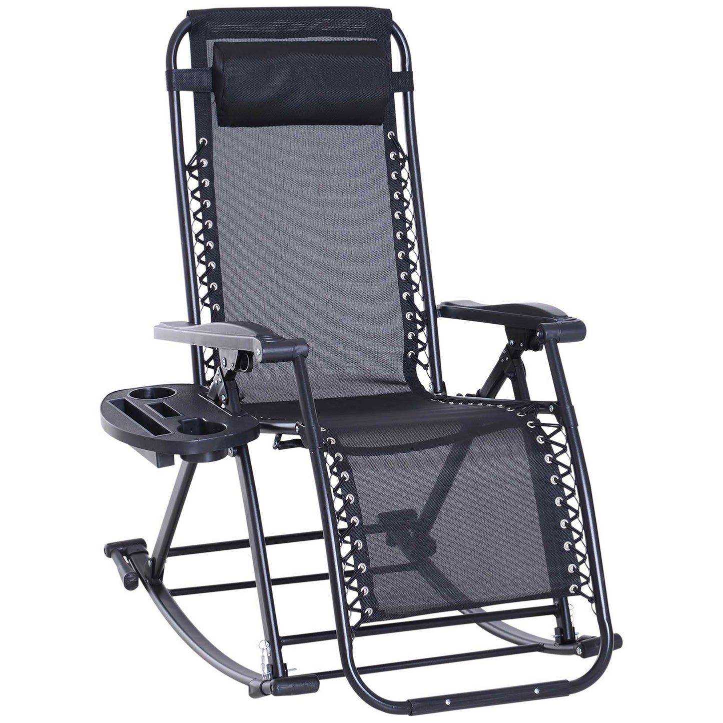 Black zero gravity rocking chair with mesh fabric, padded headrest, and side cup/phone holder.