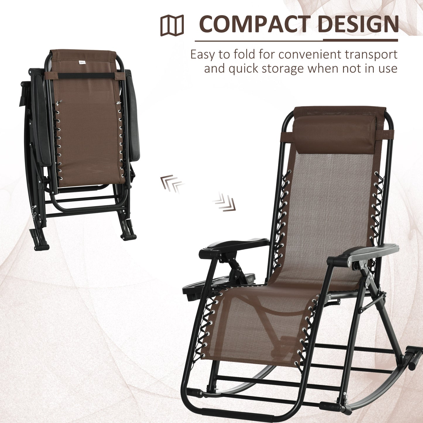 Espresso brown zero gravity rocking chair, shown folded and unfolded, with a compact design.