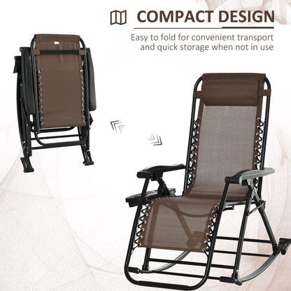 Espresso brown zero gravity rocking chair, shown folded and unfolded, with a compact design.