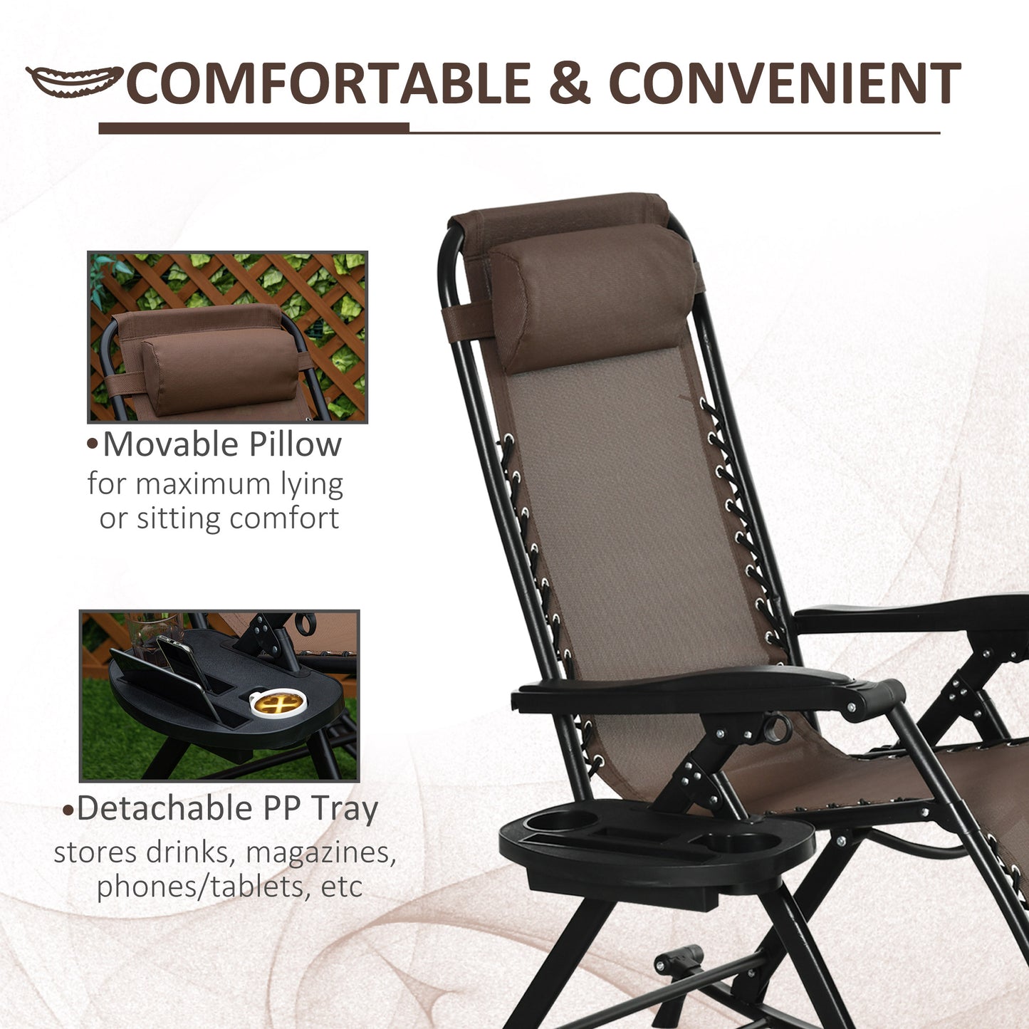 Espresso brown zero gravity rocking chair with integrated side tray and movable pillow.