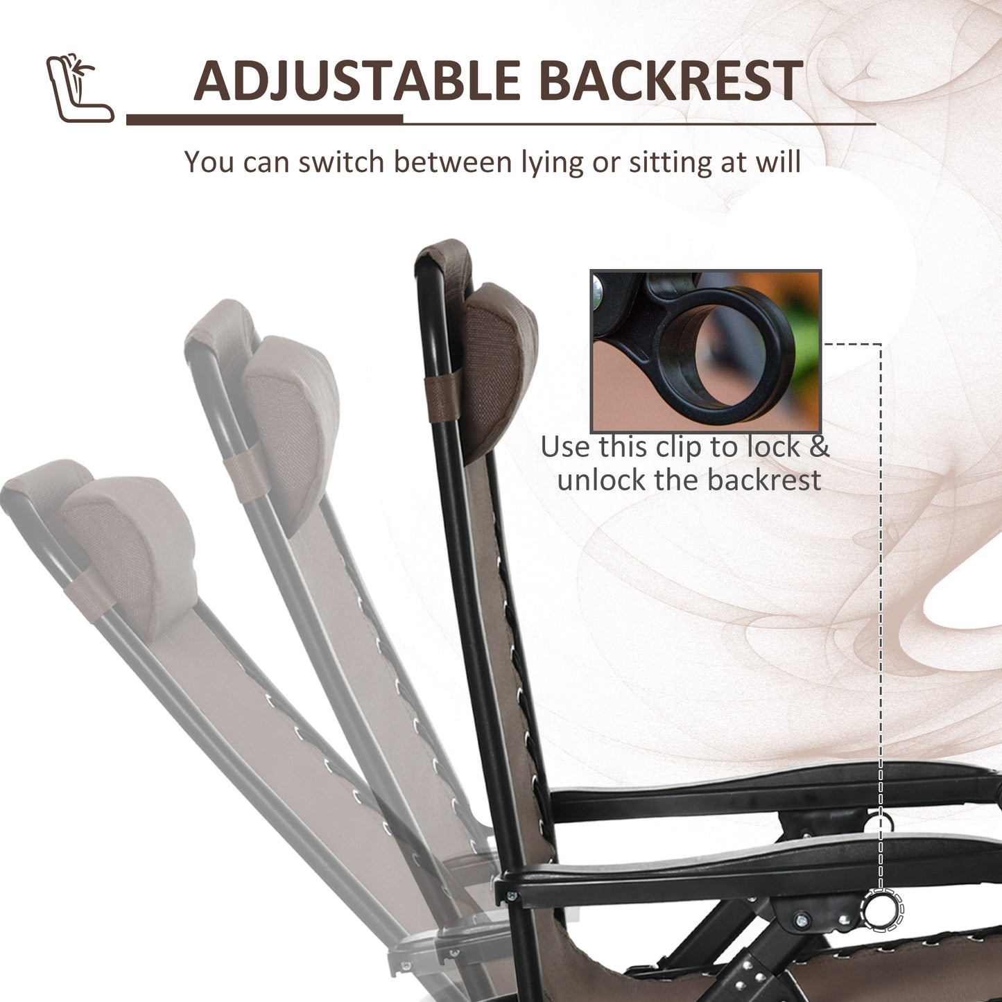 Espresso brown zero gravity rocking chair with adjustable backrest and locking clip.