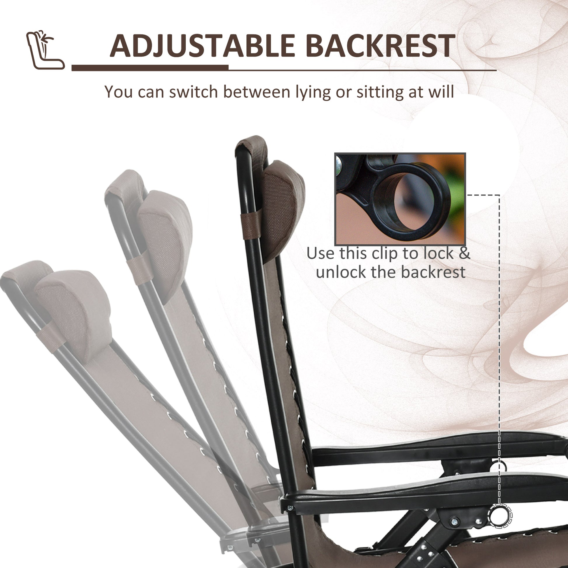 Espresso brown zero gravity rocking chair with adjustable backrest and locking clip.
