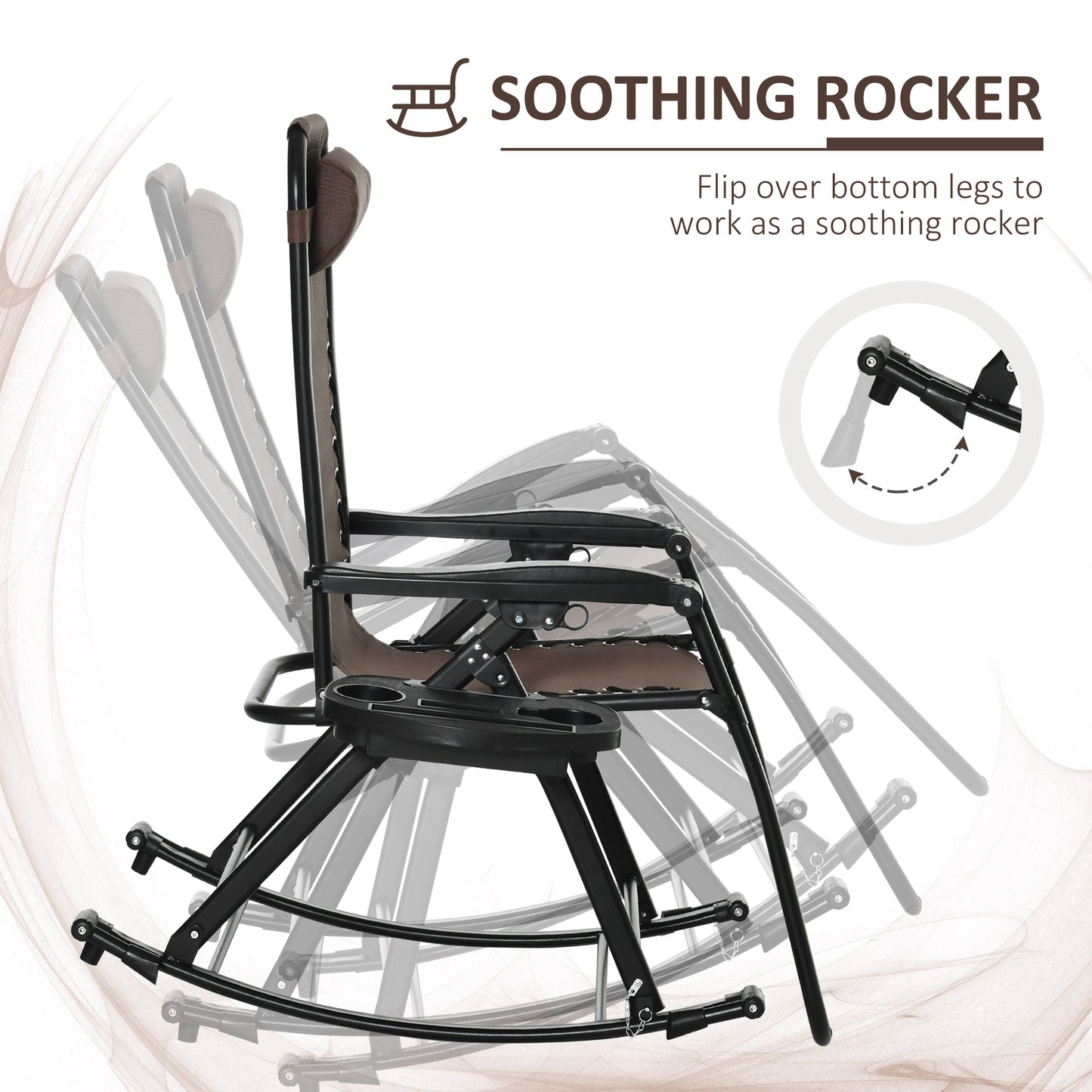 Espresso brown zero-gravity rocking chair with integrated side tray, showing rocking motion.