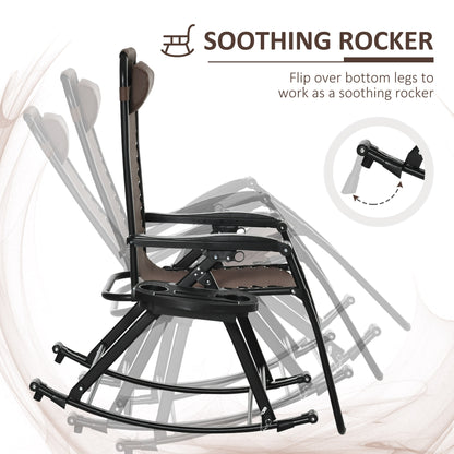 Espresso brown zero-gravity rocking chair with integrated side tray, showing rocking motion.