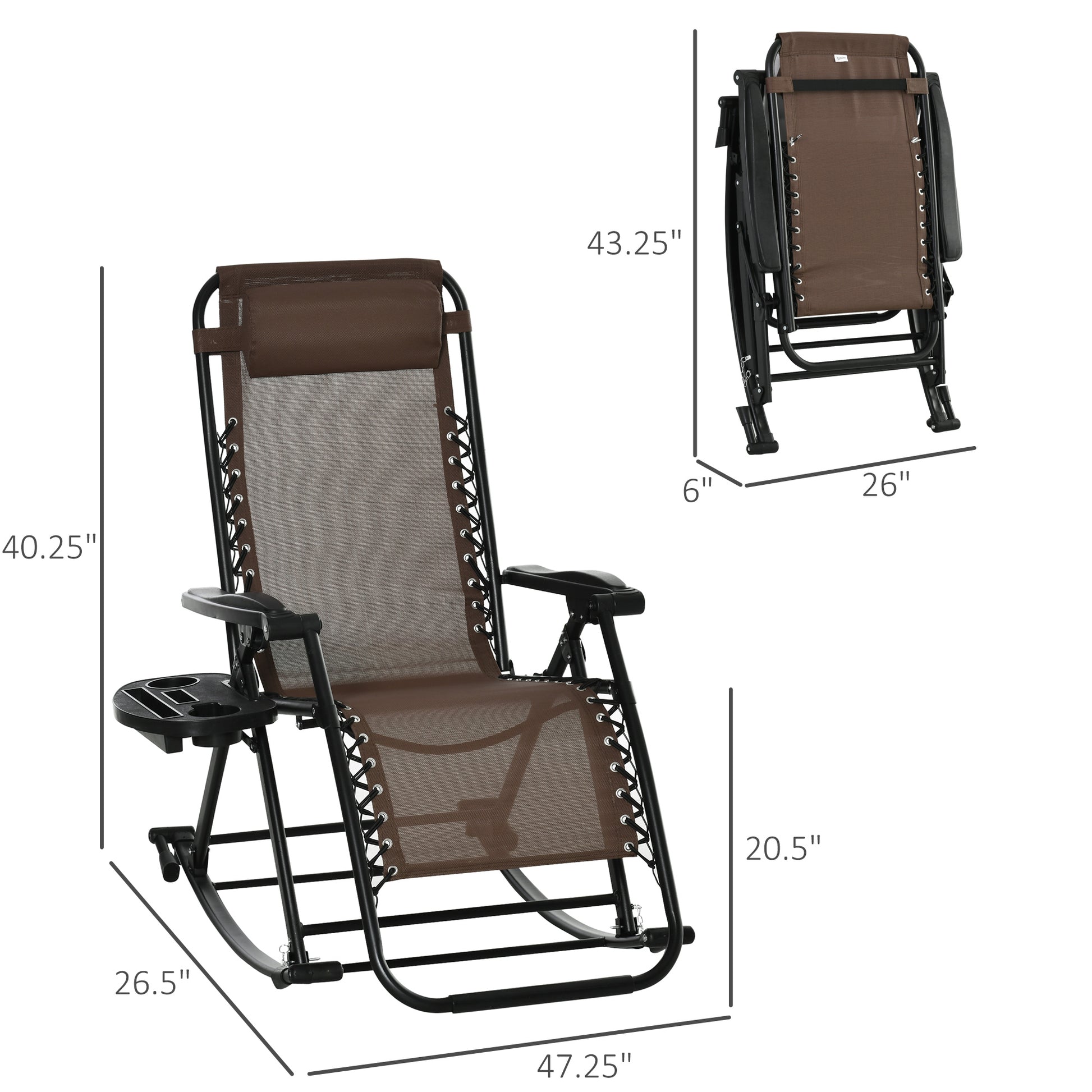 Espresso brown zero gravity rocking chair with integrated side tray, shown unfolded and folded with dimensions.