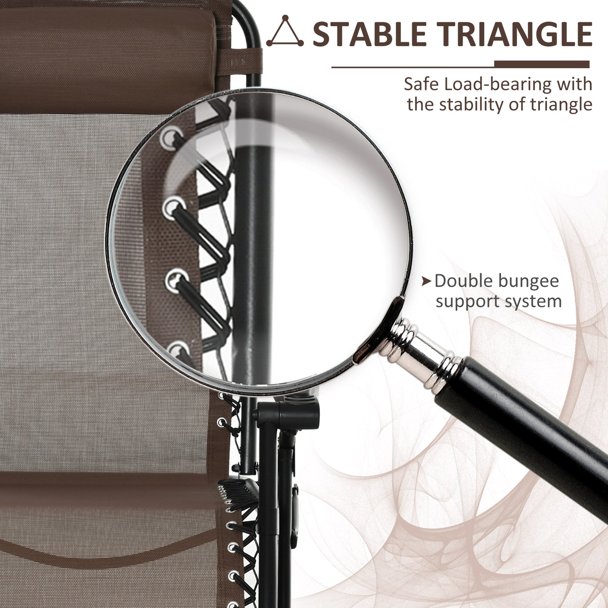 Espresso brown zero gravity rocking chair with double bungee support system and stable triangle design.