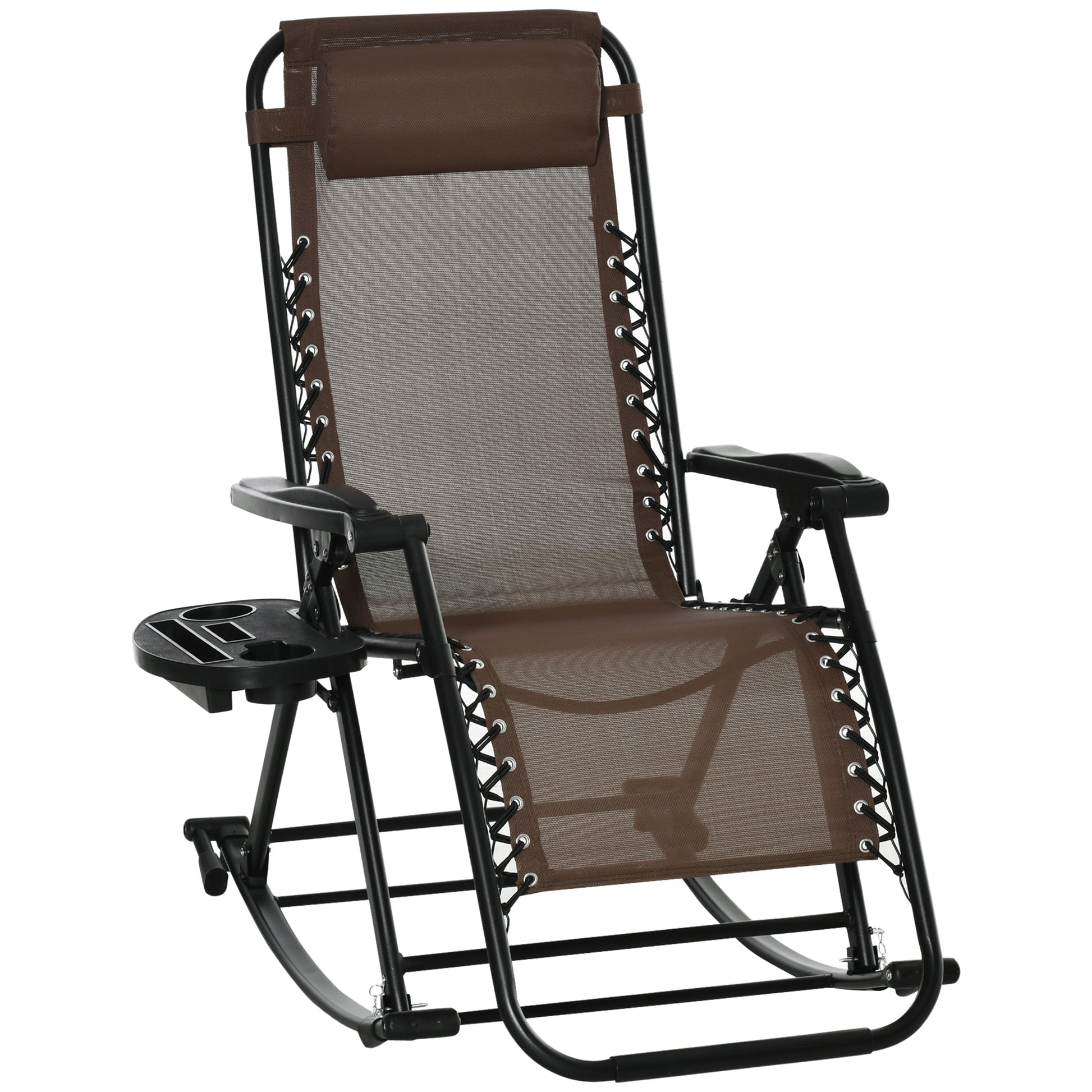 Espresso brown zero gravity rocking chair with mesh fabric, integrated side tray, and black frame.