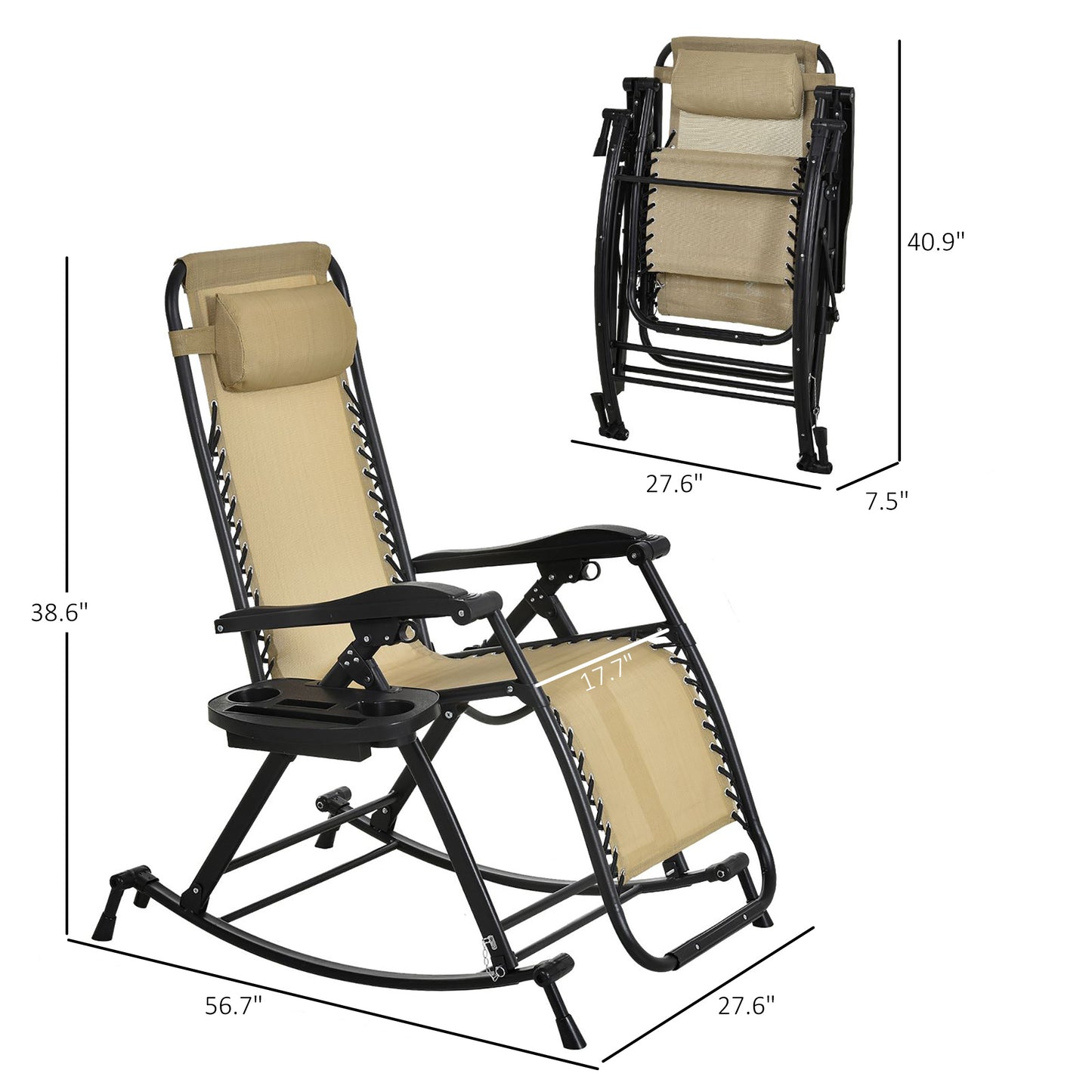 Sand beige zero gravity rocking chair with black frame, headrest, integrated side tray, shown open and folded.