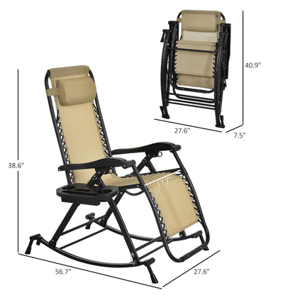 Sand beige zero gravity rocking chair with black frame, headrest, integrated side tray, shown open and folded.