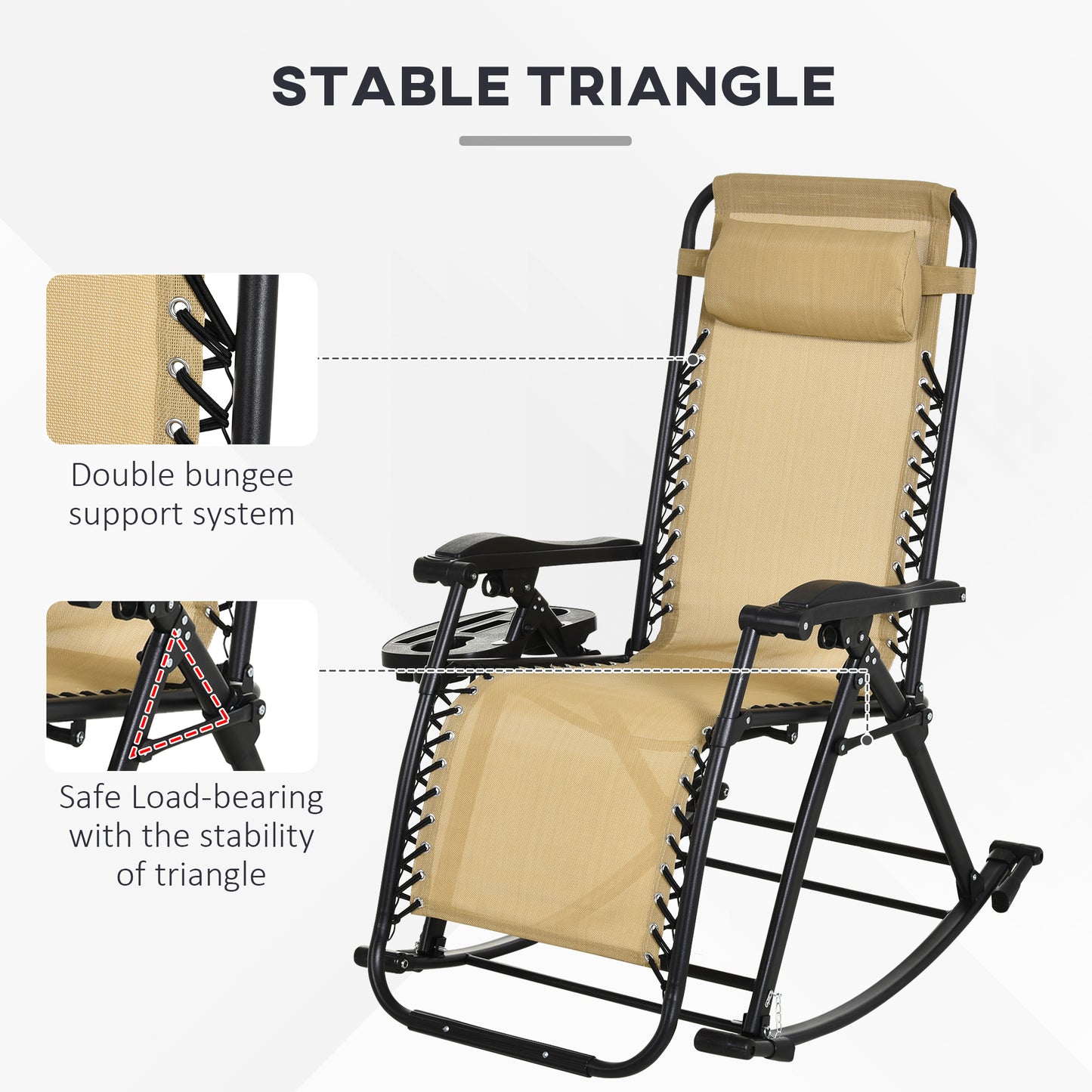 Sand beige zero gravity rocking chair with black frame, bungee support, headrest, and side tray.