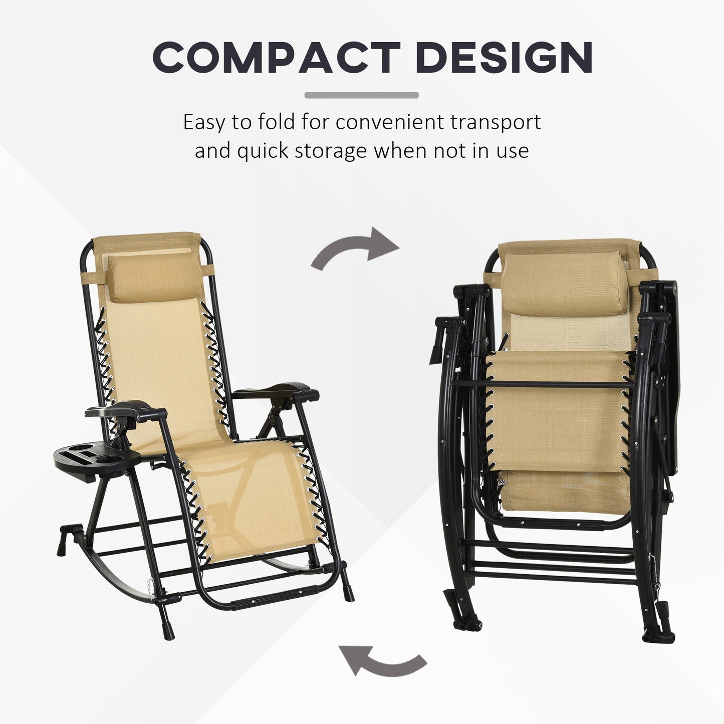Sand beige zero gravity rocking chair with black frame, integrated side tray, shown unfolded and compactly folded.