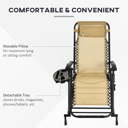 Sand beige zero gravity rocking chair with black frame, movable pillow, and detachable side tray.