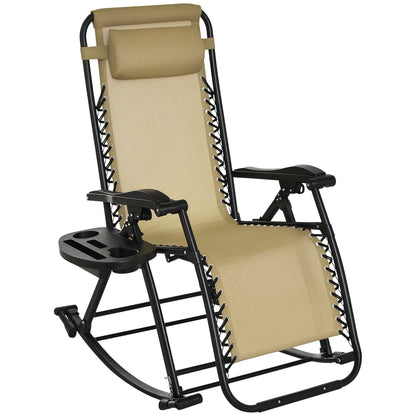 Premium Outdoor Zero Gravity Rocking Chair — Sand Beige Lounge with Integrated Side Tray