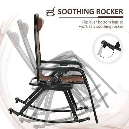 Premium Outdoor Zero Gravity Rocking Chair Set — Two Espresso Brown Lounges with Side Trays