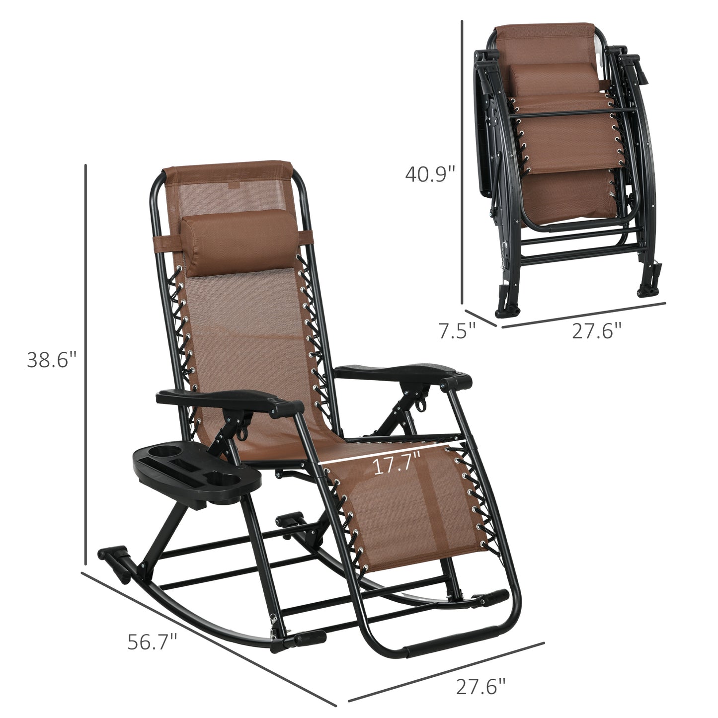 Premium Outdoor Zero Gravity Rocking Chair Set — Two Espresso Brown Lounges with Side Trays